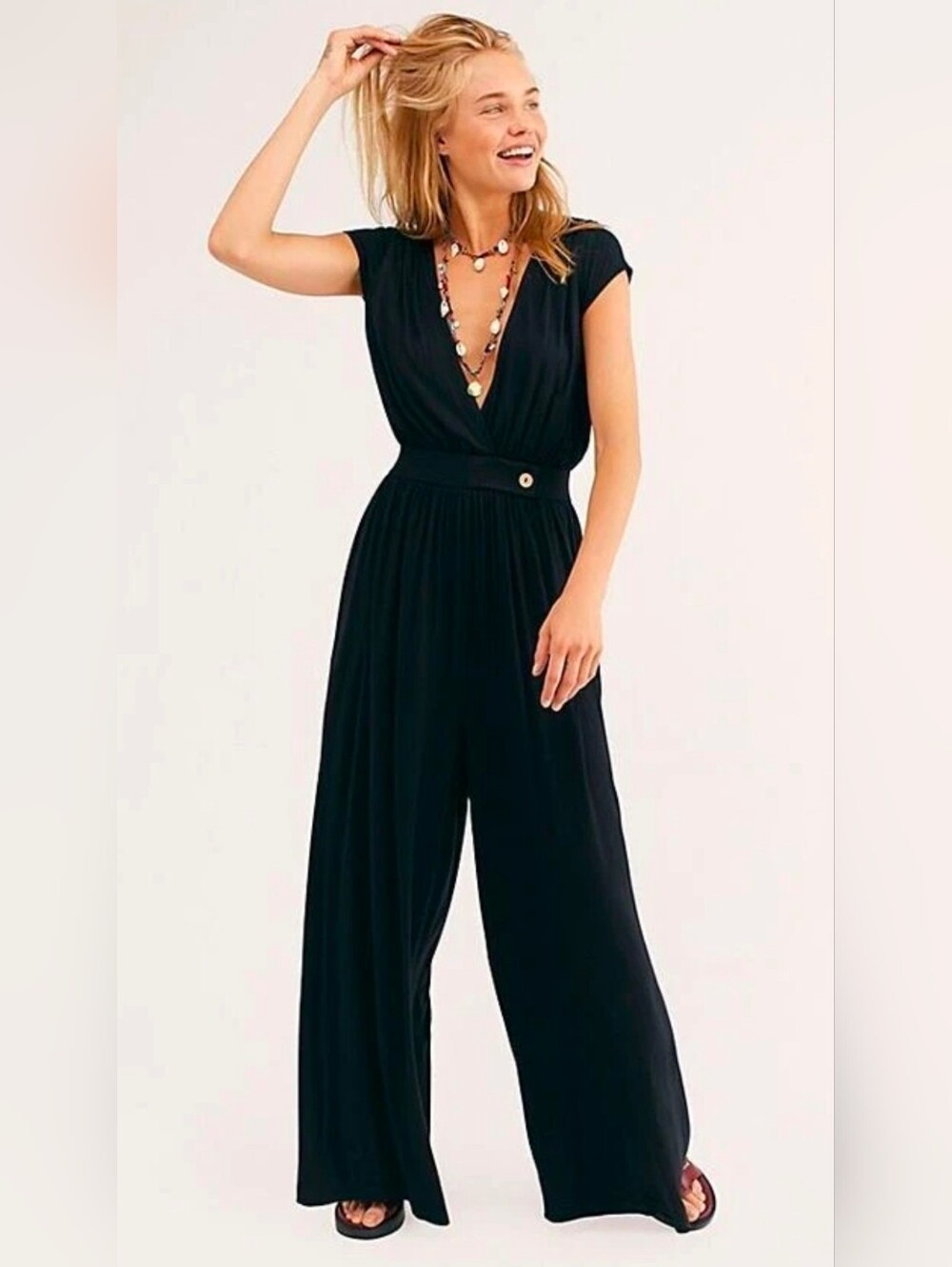 NWT Free People FP Beach Naomi Jumpsuit in Black Deep V-neck Wide Leg Jersey XS